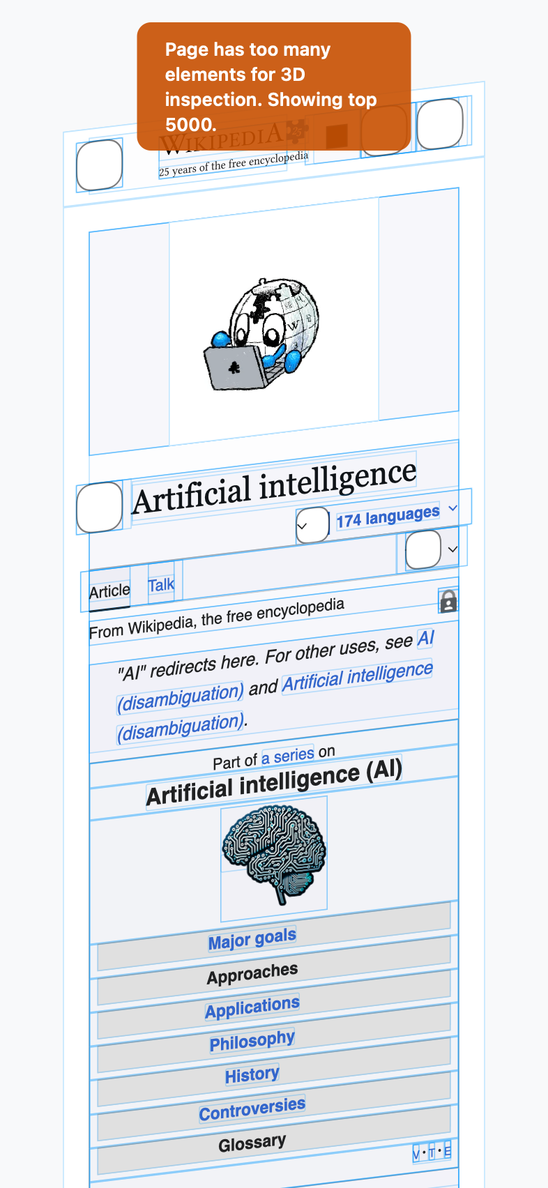 Kelpie iOS 3D DOM inspector — Wikipedia in mobile viewport